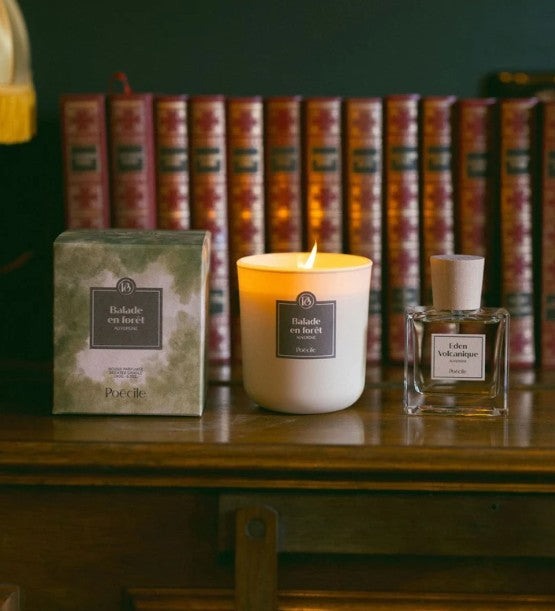 Poécile Balade en forêt Duftkerze 190 g mit Zeder, Kastanie und Eichenmoos auf Holzkommode vor Bücherwand