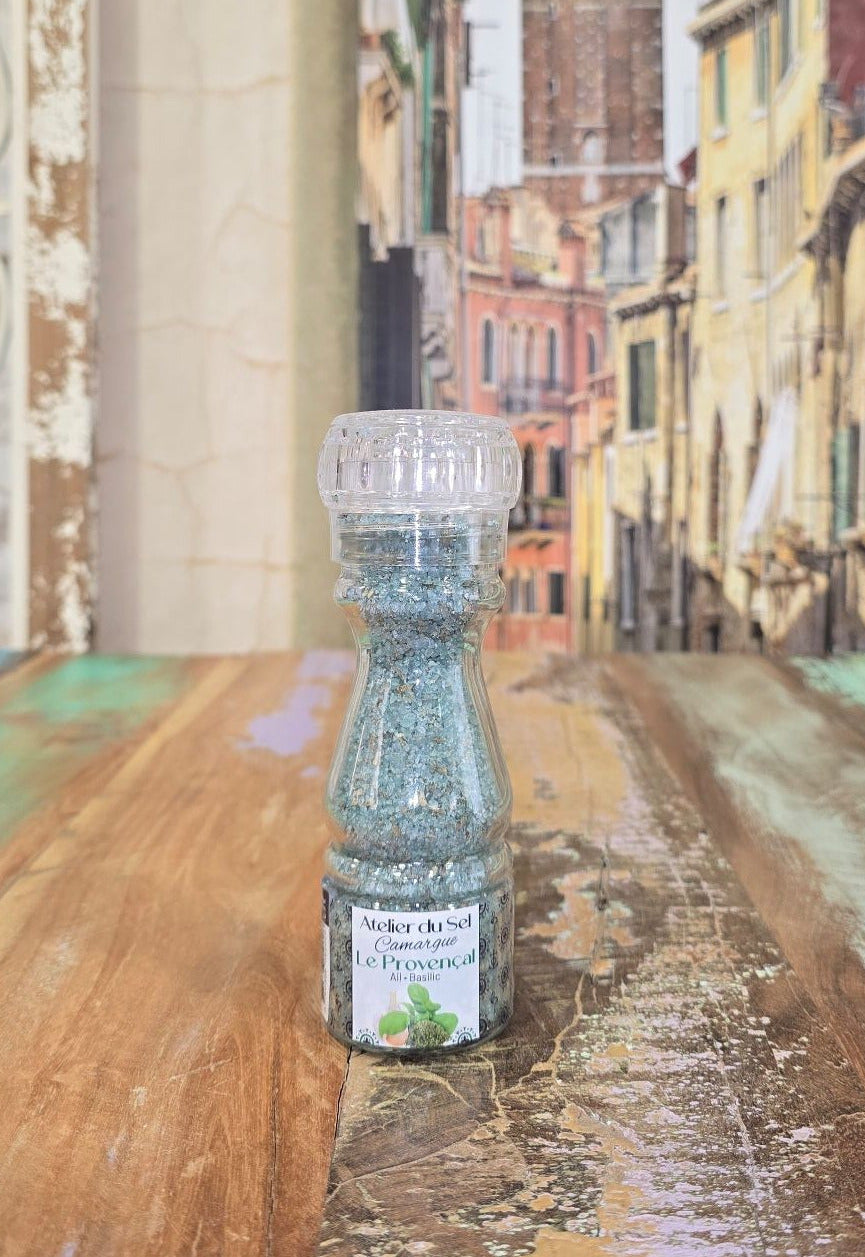Atelier du Sel Camargue Le Provençal Mühle – Meersalz mit Knoblauch und Basilikum aus der Camargue