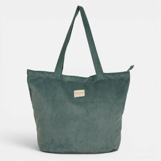 Großer blaugrüner De La Mur Jade Shopper aus Cord mit langen Schulterhenkeln und Reißverschluss.