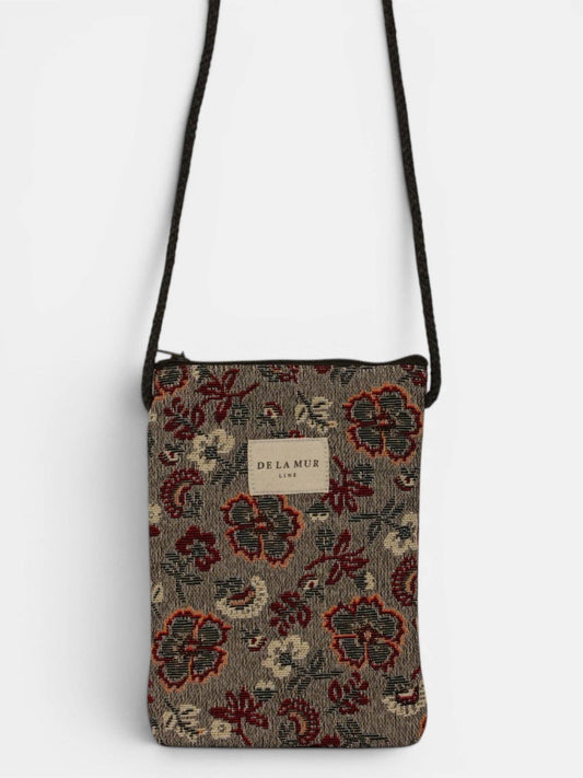 De La Mur Nira Handytasche zum Umhängen mit floralem Jacquardmuster in Bordeauxrot und Grau
