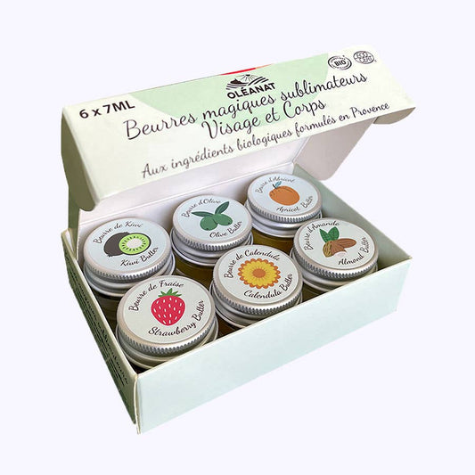 Oléanat Geschenkbox geöffnet – 6 Gläser Bio-Balsam à 7 ml im Set