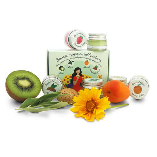Geschenkbox mit 6 Bio-Balsamen von Oléanat – Naturkosmetik-Set mit Kiwi, Mandel, Erdbeere, Aprikose, Olive & Calendula