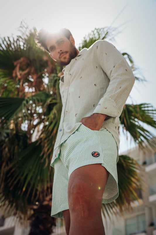 A Fish Named Fred Swimshort Seersucker Stripe Olive Green