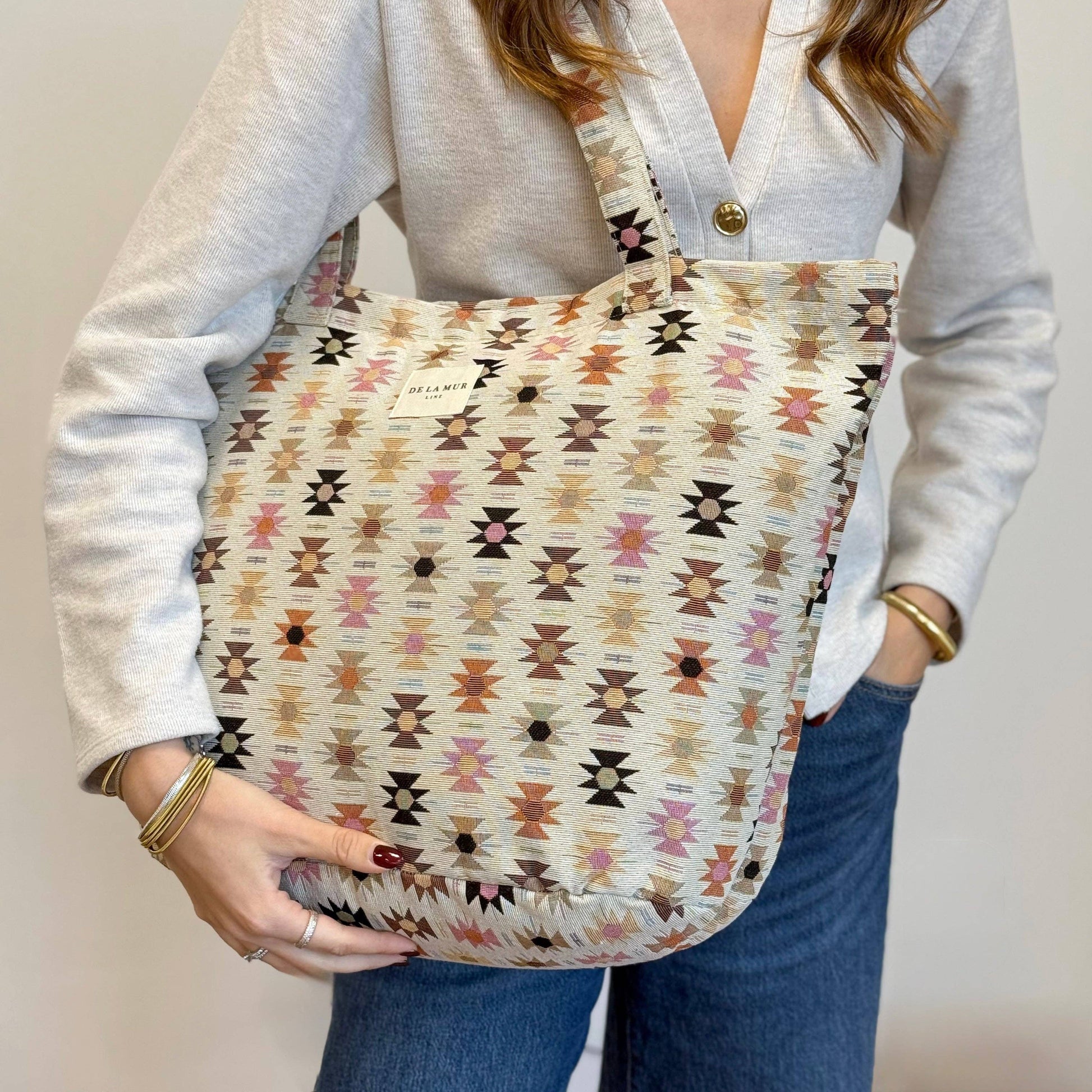 De La Mur Royal großer Shopper mit geometrischem Muster in Beige, Rosa und Orange