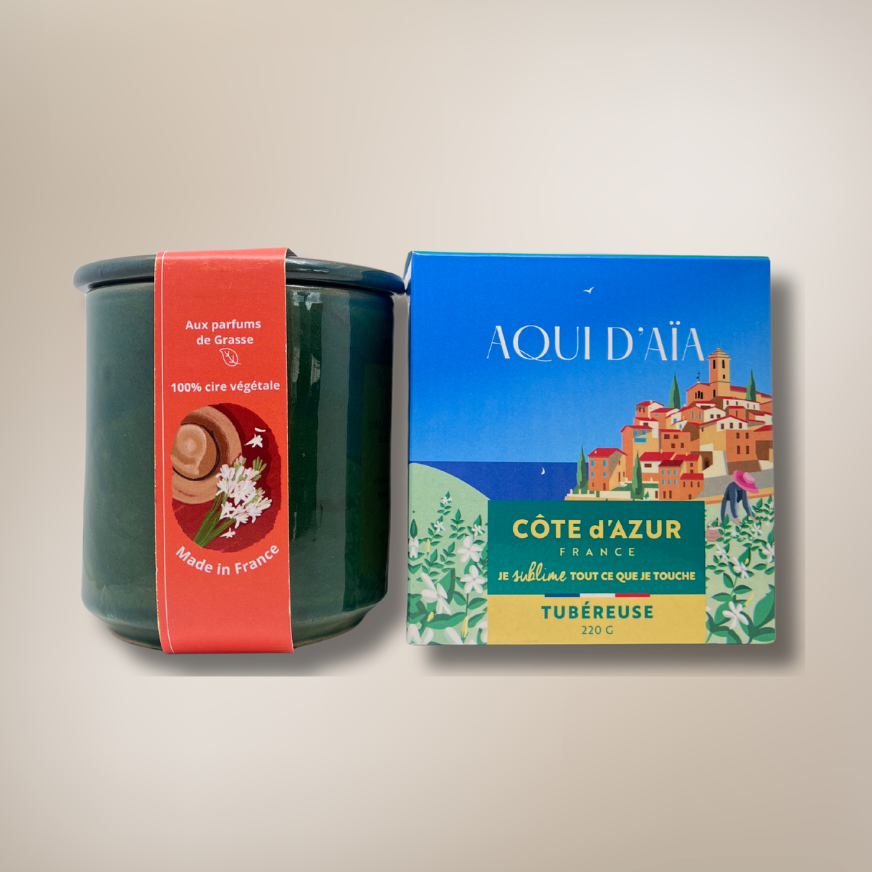 Tuberose-Duftkerze von Aqui d’Aïa und Côte d’Azur France im handgefertigten grünen Terrakottatopf mit Deckel und Verpackung