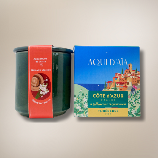 Tuberose-Duftkerze von Aqui d’Aïa und Côte d’Azur France im handgefertigten grünen Terrakottatopf mit Deckel und Verpackung