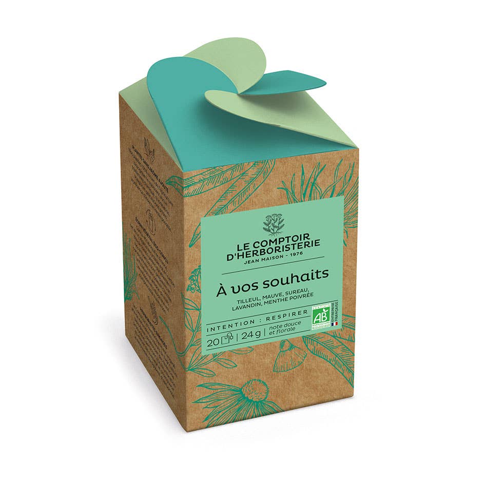 Bio-Kräutertee À vos souhaits von Le Comptoir d’Herboristerie in dekorativer Schachtel