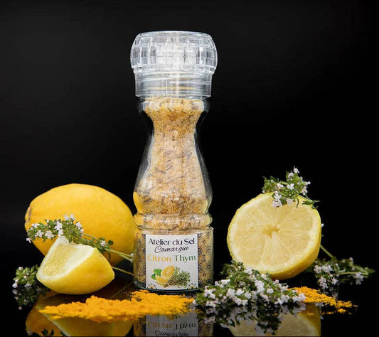Atelier du Sel Camargue Citron Thym Mühle mit Camargue-Salz, Zitrone, Thymian und Kurkuma, nachfüllbare Gewürzmühle