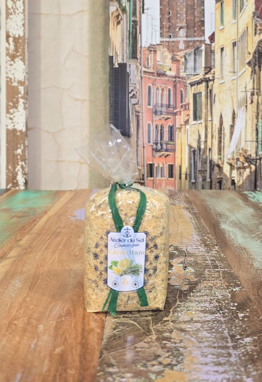 Atelier du Sel Camargue Citron Thym Nachfüllpackung – Meersalz mit Zitrone, Thymian und Kurkuma aus der Camargue 300 g