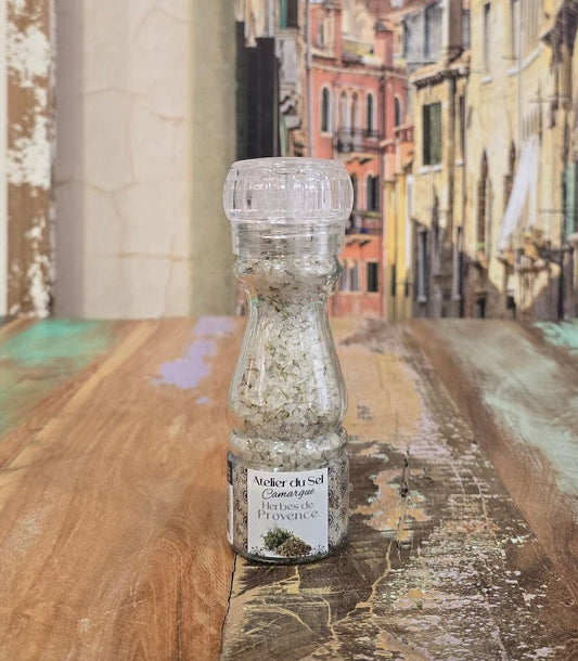 Herbes de Provence Kräutersalz Mühle von Atelier du Sel Camargue – Meersalz mit Kräutern aus Südfrankreich in Glasmühle
