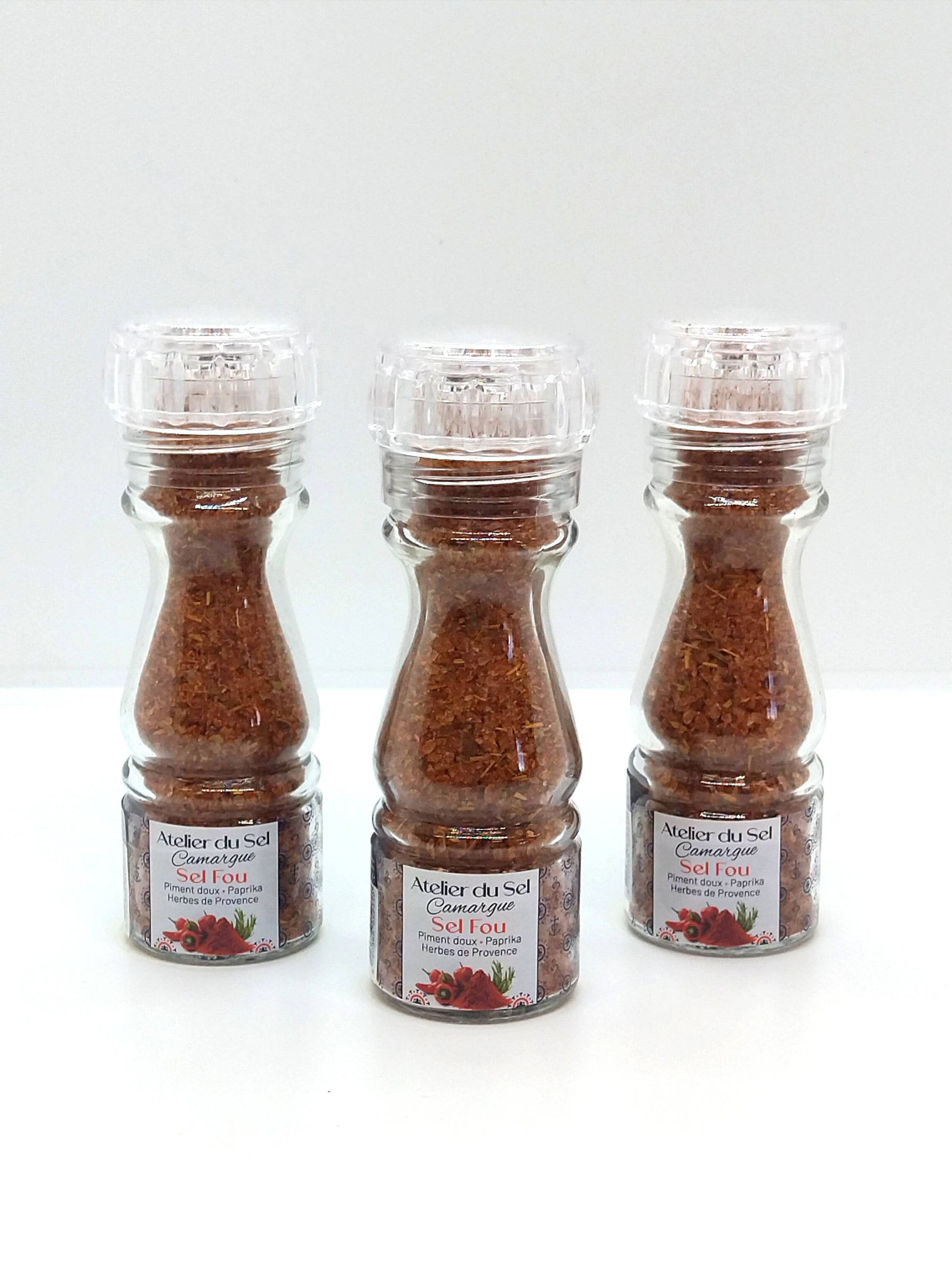 Atelier du Sel Camargue Sel Fou Mühle mit Camargue-Gewürzsalz, Paprika und Kräutern der Provence, nachfüllbare Salzmühle