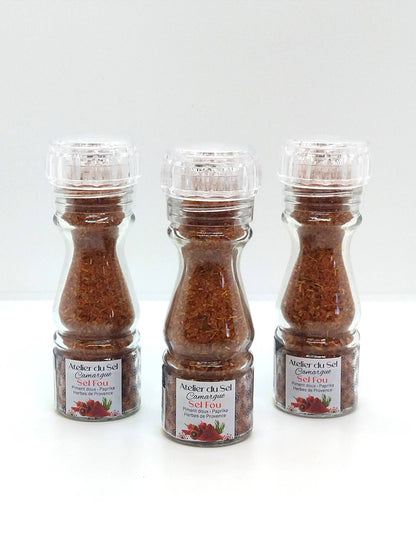 Atelier du Sel Camargue Sel Fou Mühle mit Camargue-Gewürzsalz, Paprika und Kräutern der Provence, nachfüllbare Salzmühle