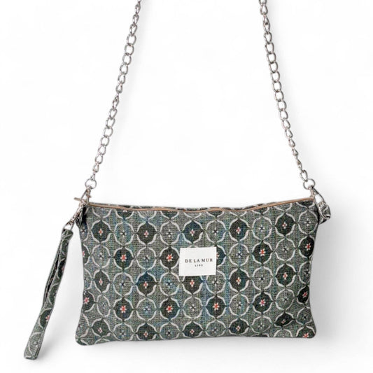 De La Mur Ariel Clutch Tasche mit geometrischem Muster in Grüntönen, Frontansicht