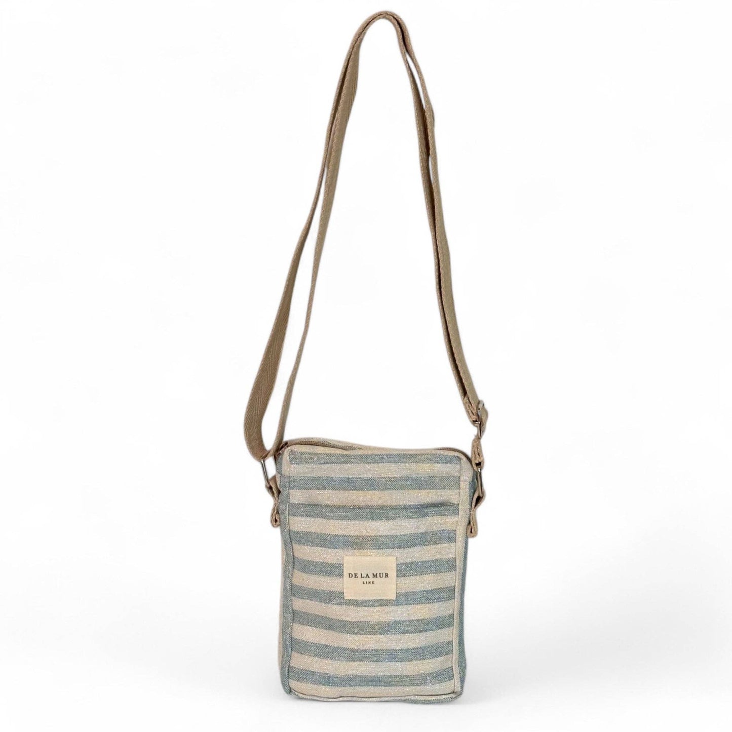 De La Mur Crossbody Tasche Lur mit Streifenmuster in Blau- und Cremetönen, Frontansicht