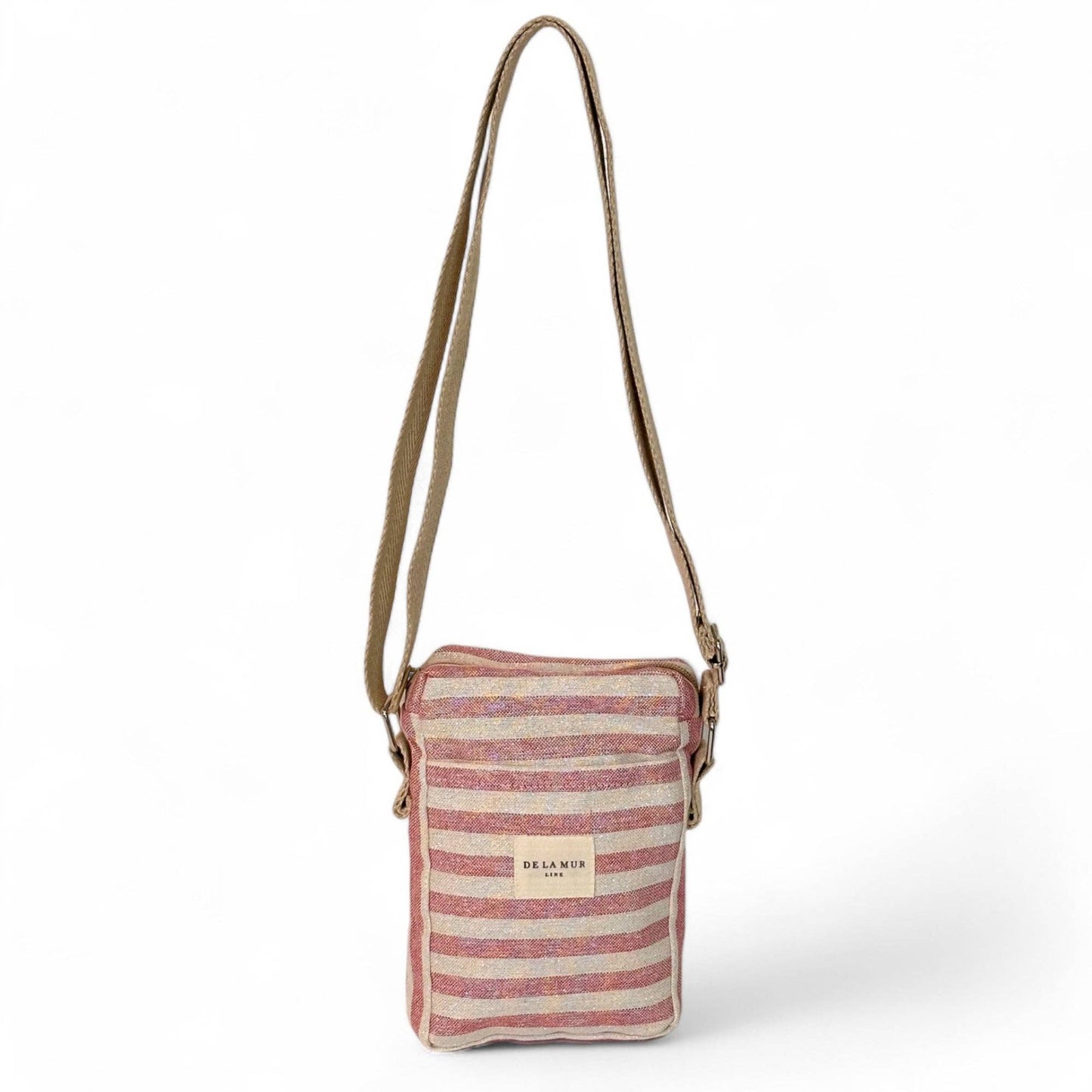 De La Mur Crossbody Tasche Rex mit Streifenmuster in Rosé- und Cremetönen, Frontansicht
