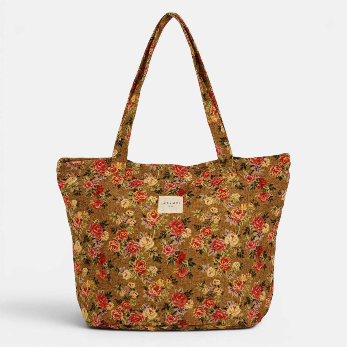 Großer De La Mur Esme Shopper mit rotem und gelbem Blumenmuster auf senfgelbem Grund.