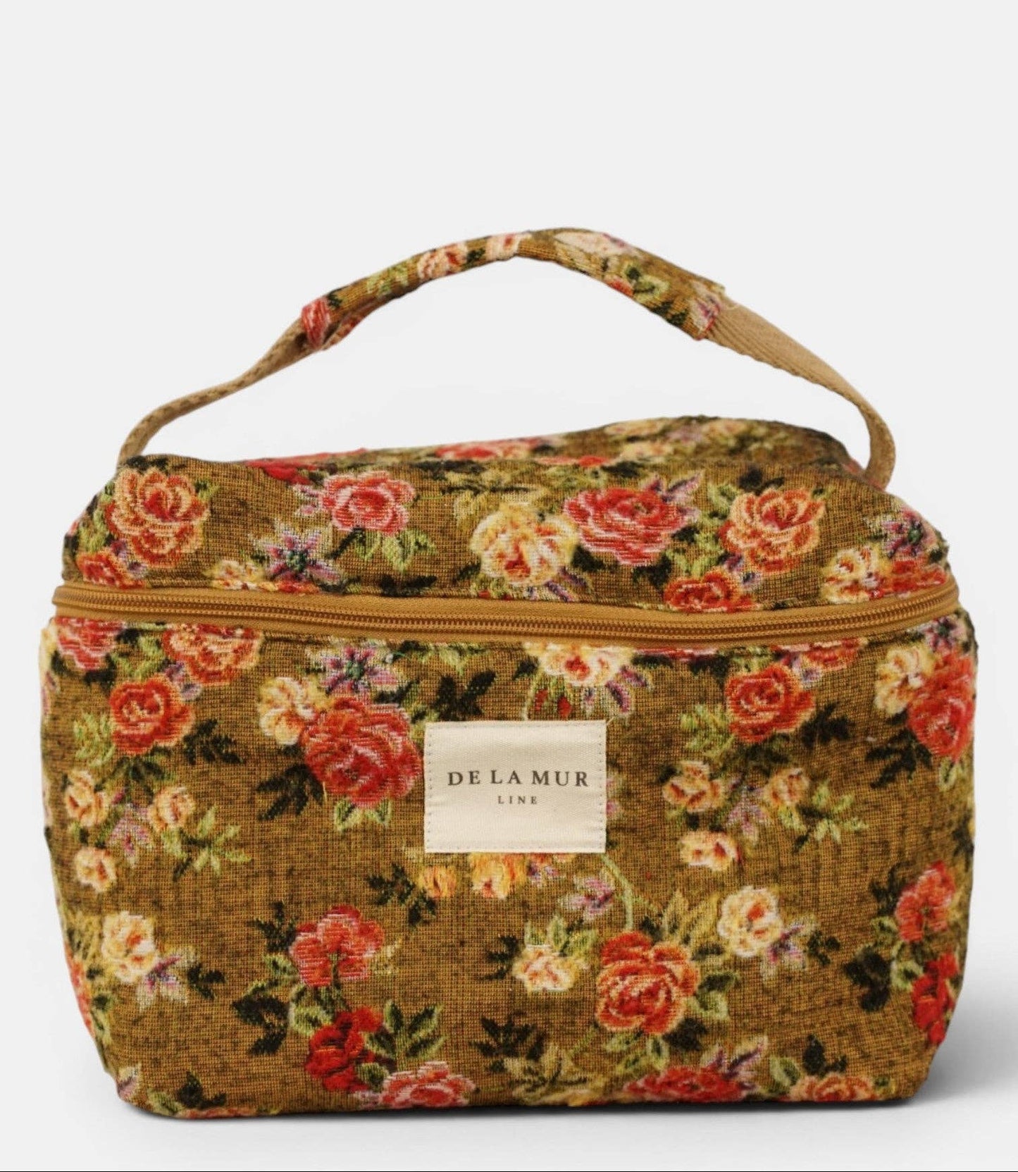 Große De La Mur Esme Kosmetiktasche mit rotem und gelbem Blumenmuster, Tragehenkel und Reißverschluss