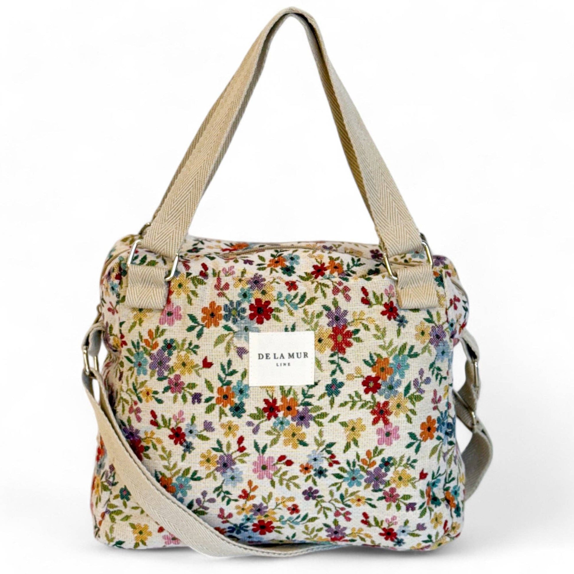 De La Mur Jacquardtasche mit Blumenmuster in Beige, Frontansicht