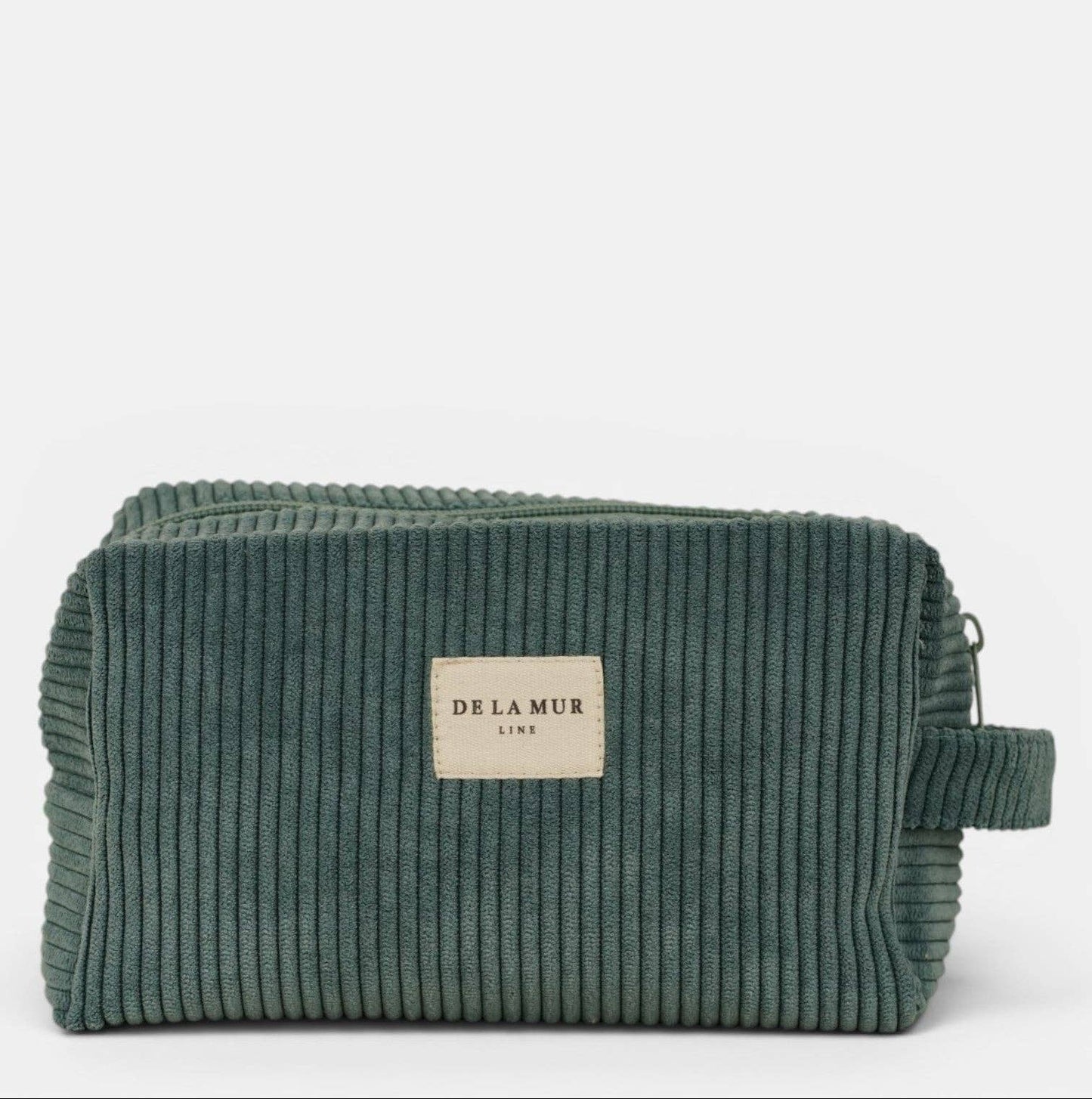 Mittelgroße Kosmetiktasche Jade von De La Mur aus blaugrünem Cord mit seitlichem Tragegriff
