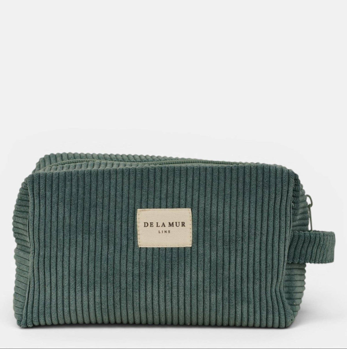Mittelgroße Kosmetiktasche Jade von De La Mur aus blaugrünem Cord mit seitlichem Tragegriff
