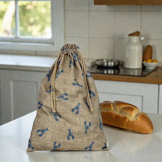 Großer Brotbeutel Lob von De La Mur mit blauen Hummern auf naturfarbenem Stoff und Kordelzug 