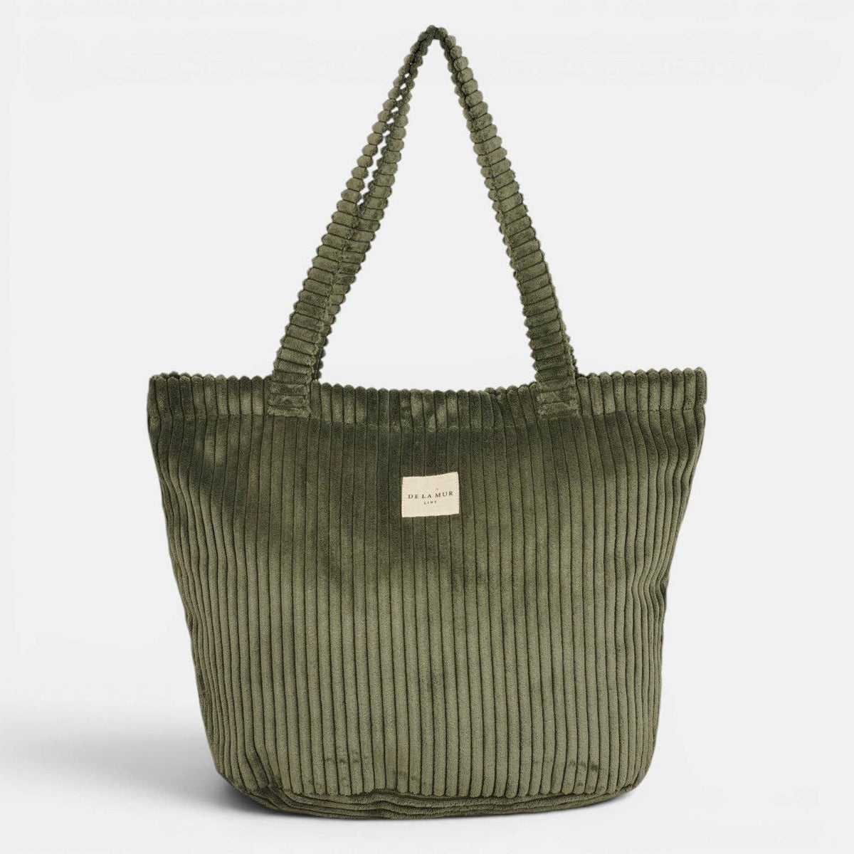Großer moosgrüner De La Mur Musgo Shopper aus Breitcord mit langen Schulterhenkeln und Reißverschluss.