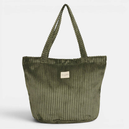 Großer moosgrüner De La Mur Musgo Shopper aus Breitcord mit langen Schulterhenkeln und Reißverschluss.