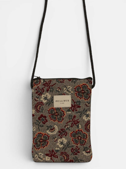 De La Mur Nira Handytasche zum Umhängen mit floralem Jacquardmuster in Bordeauxrot und Grau
