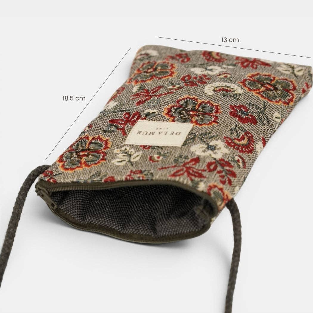 De La Mur Nira Handytasche zum Umhängen – floraler Jacquard in Bordeauxrot und Grau