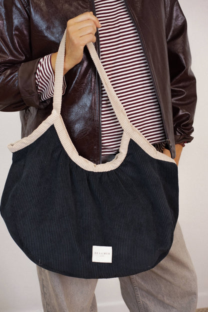 De La Mur Nit schwarzer Cord Shopper mit beiger Paspel