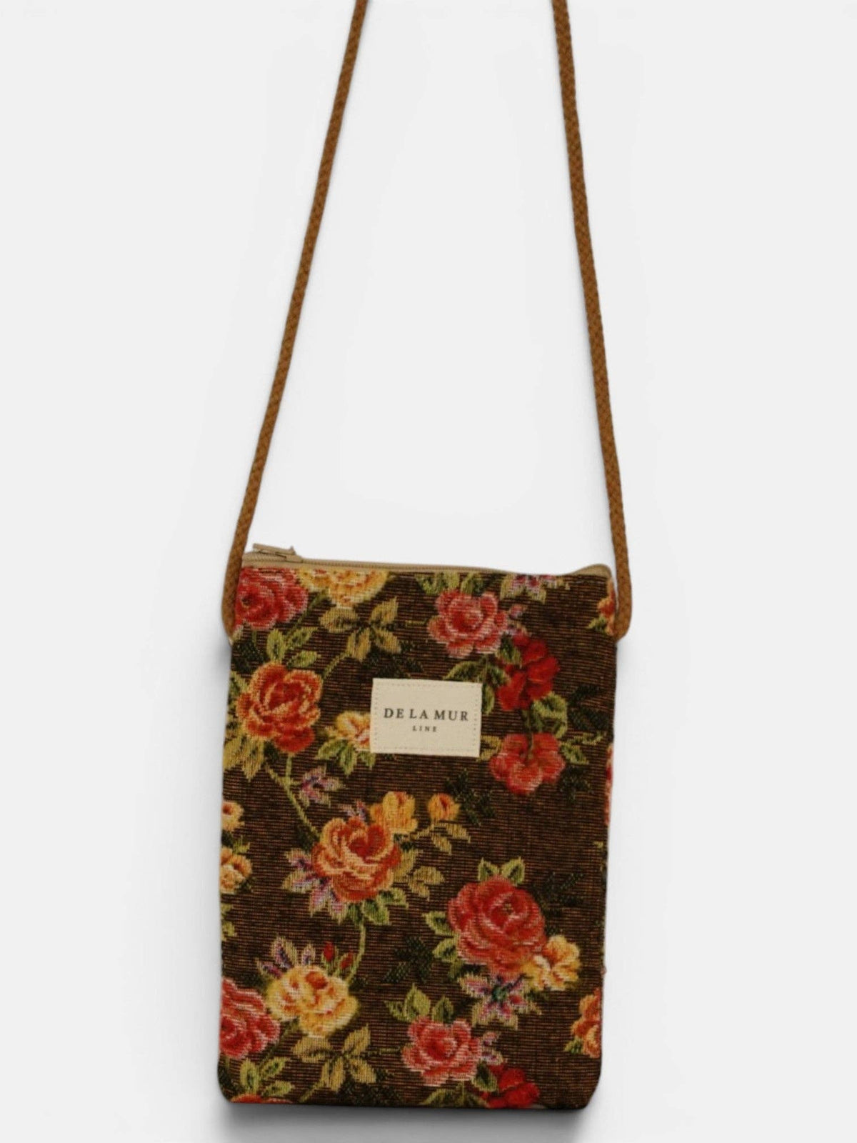 Kleine De La Mur Pepi Handytasche mit Blumenmuster und langem naturfarbenem Tragegurt
