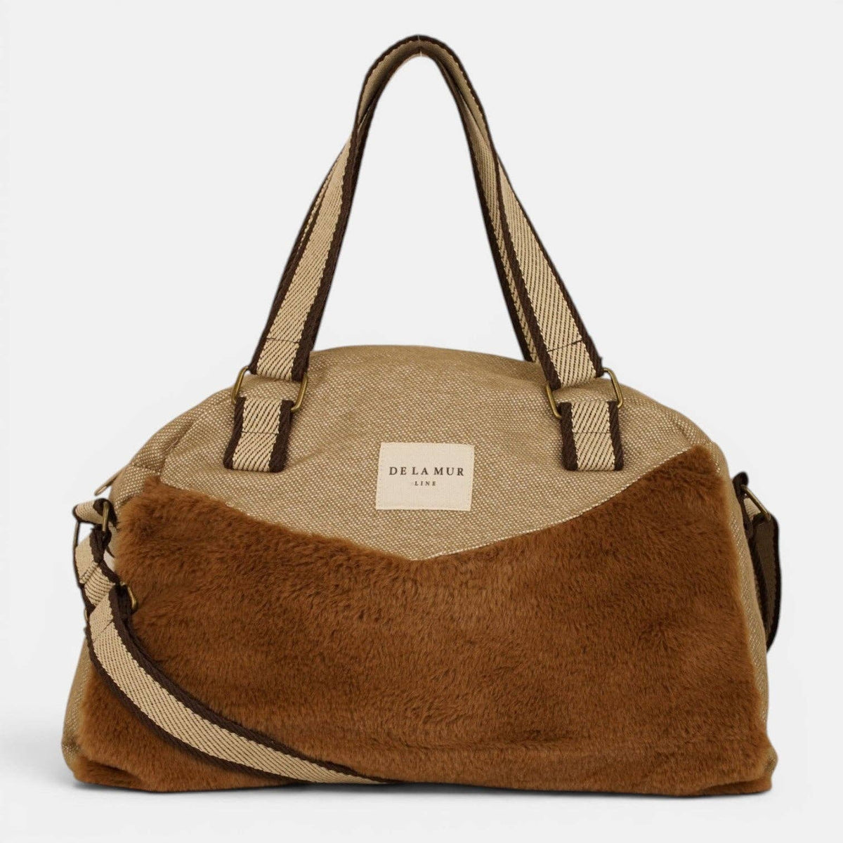 Mittelgroße Schultertasche Pile von De La Mur aus braunem Plüsch und beigem Stoff mit verstellbarem Träger
