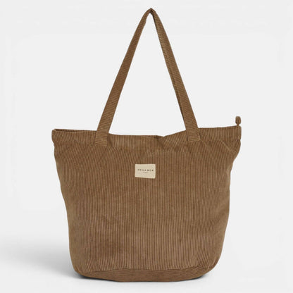 Großer warmbrauner De La Mur Toast Shopper aus Cord mit langen Schulterhenkeln und Reißverschluss.
