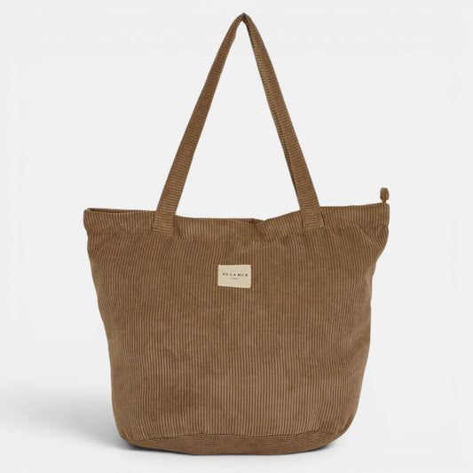Großer warmbrauner De La Mur Toast Shopper aus Cord mit langen Schulterhenkeln und Reißverschluss.