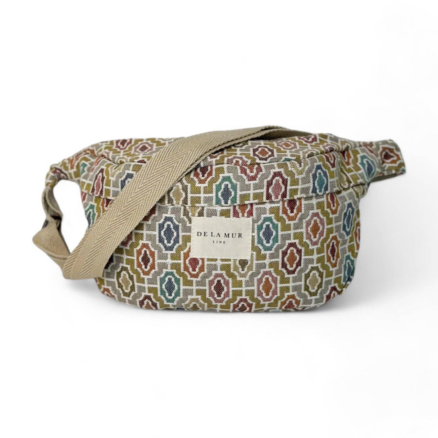 De La Mur Umhängetasche mit geometrischem Muster in Beige-, Rosa- und Blautönen, Frontansicht