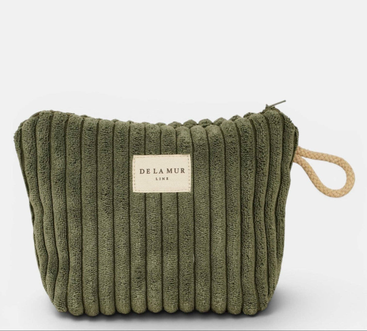 Kleine De La Mur Musgo Kosmetiktasche aus moosgrünem Breitcord mit beigem Kordelhenkel
