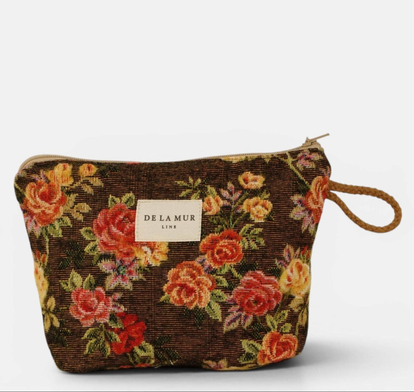 Kleine De La Mur Pepi Kosmetiktasche mit farbenfrohem Blumenmuster und beigem Kordelhenkel
