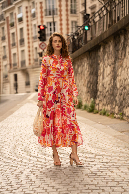 Geblümtes Marbella Sommerkleid in Orange und Pink