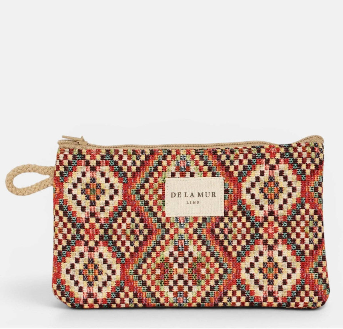 Mini-Kosmetiktasche Otto von De La Mur mit mehrfarbigem geometrischem Jacquardmuster und beigefarbener Seitenschlaufe
