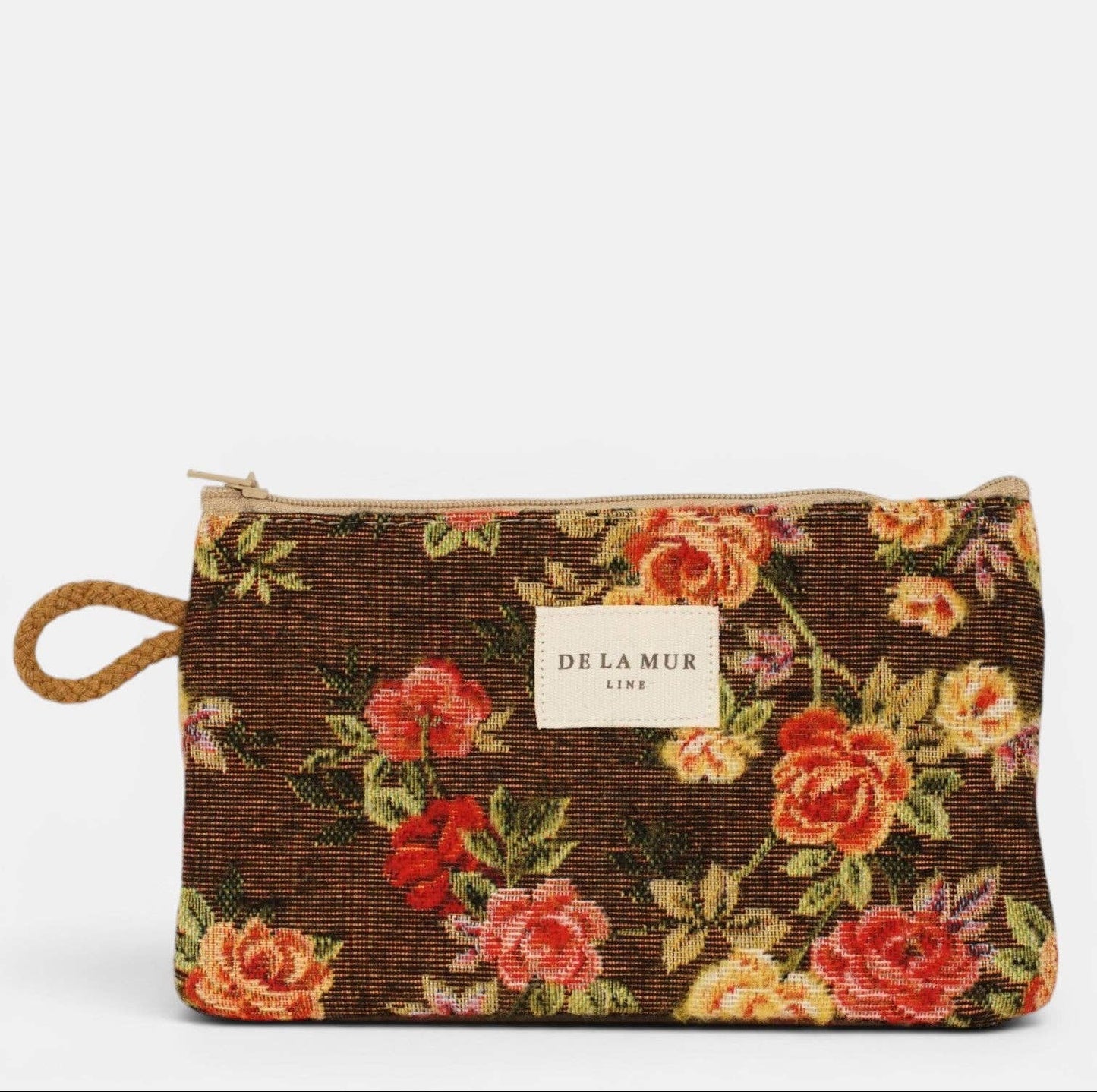 Mini-Kosmetiktasche Pepi von De La Mur mit roten und gelben Blumen auf braunem Grund
