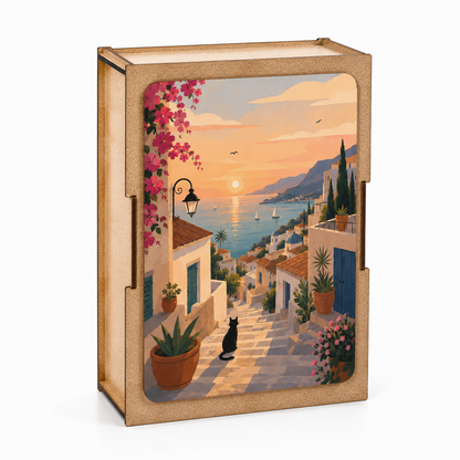 Bywood Mini-Holzpuzzle mit mediterranem Sonnenuntergang und schwarzer Katze in einer Holzbox