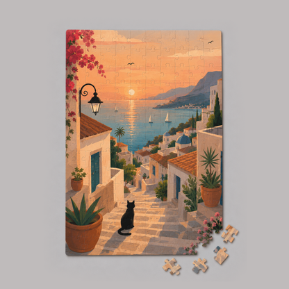 Mini-Holzpuzzle Mediterraner Sonnenuntergang mit schwarzer Katze