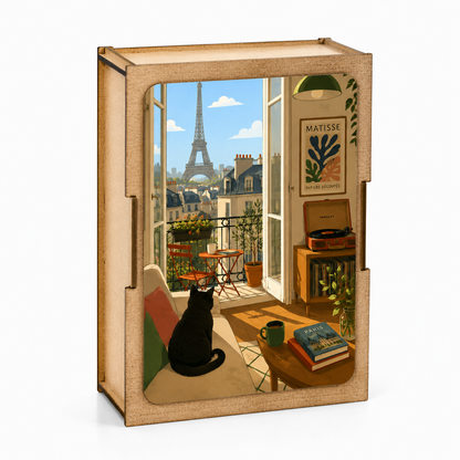 Bywood Mini-Holzpuzzle mit Pariser Balkon, Eiffelturm und schwarzer Katze in einer Holzbox
