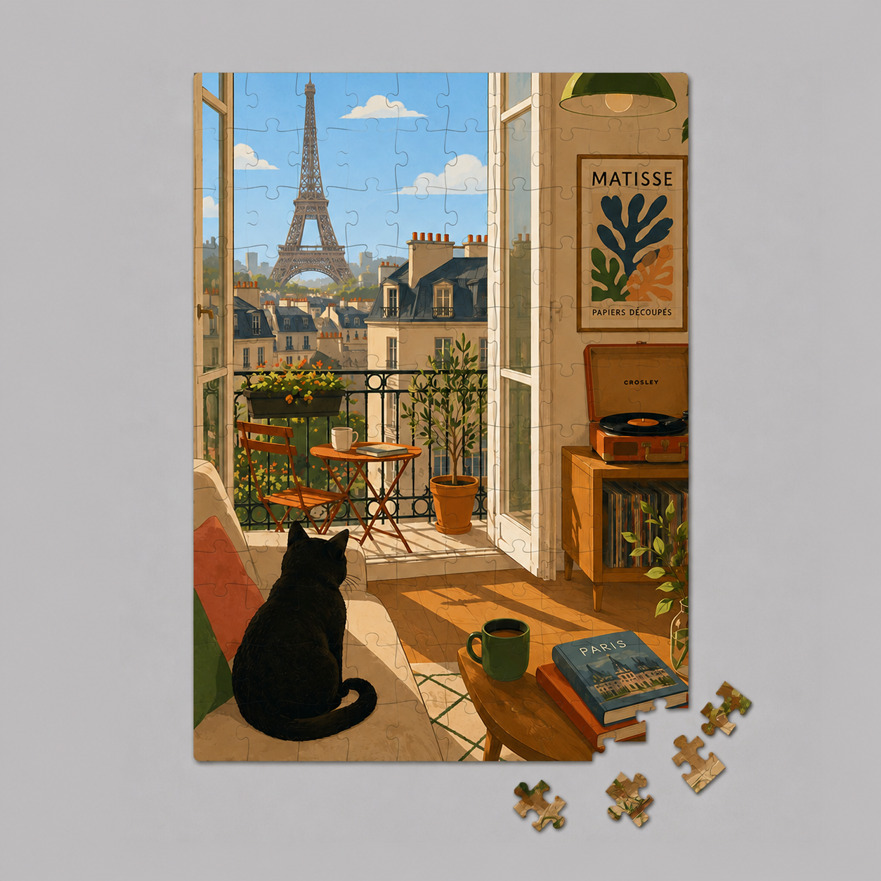 Mini-Holzpuzzle Pariser Fenster mit schwarzer Katze
