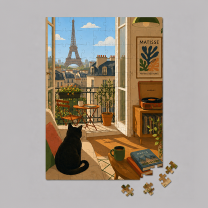 Mini-Holzpuzzle Pariser Fenster mit schwarzer Katze