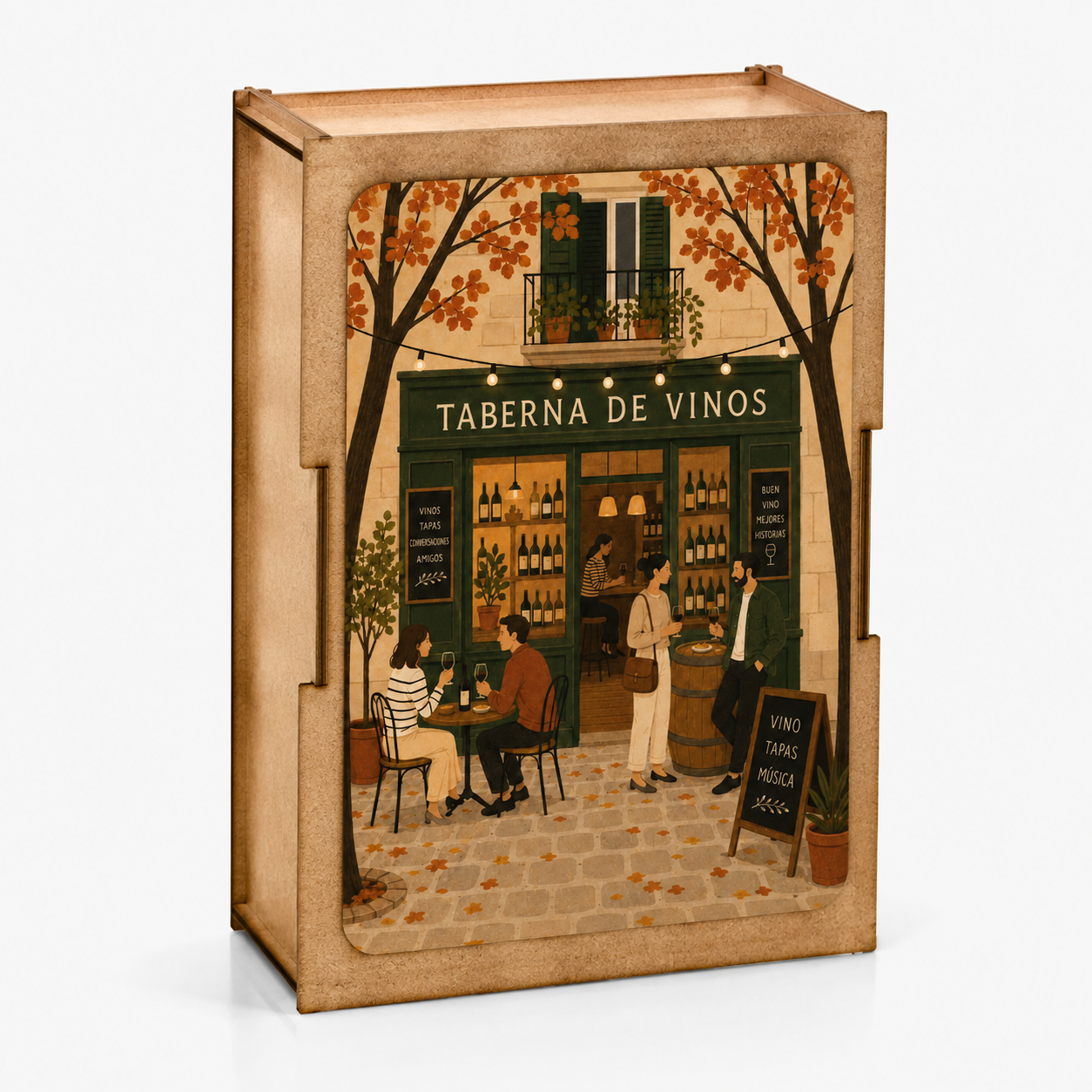 Bywood Mini-Holzpuzzle mit spanischer Weinstube, Wein und Tapas in einer Holzbox