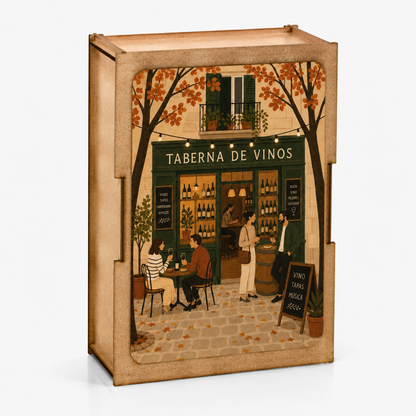Bywood Mini-Holzpuzzle mit spanischer Weinstube, Wein und Tapas in einer Holzbox