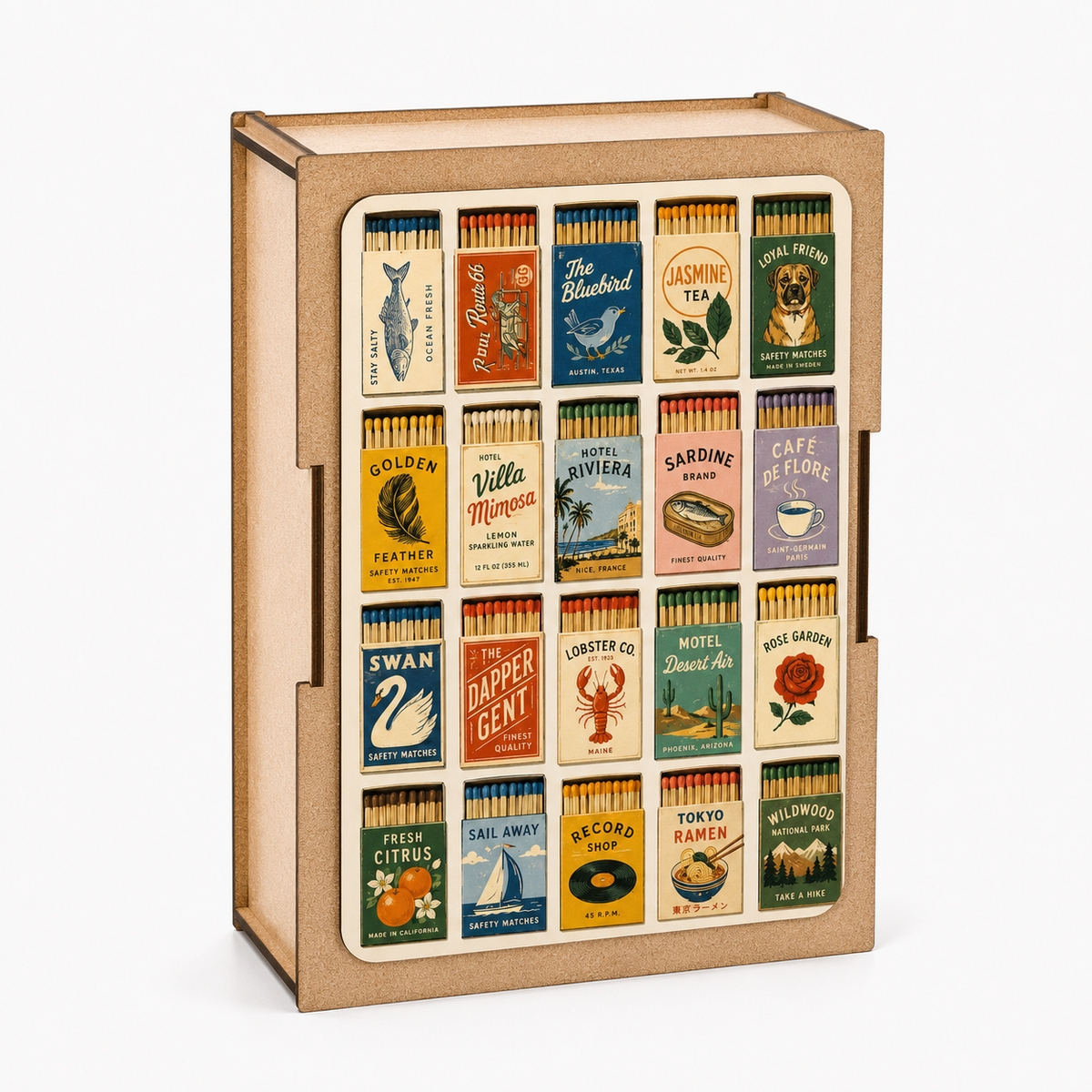 Bywood Mini-Holzpuzzle mit 20 nostalgischen Vintage-Streichholzschachteln in einer Holzbox