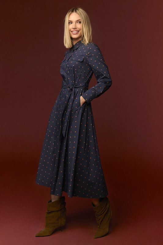 Blaues Maxikleid Shine von Minueto mit Sternenprint und Bindegürtel
