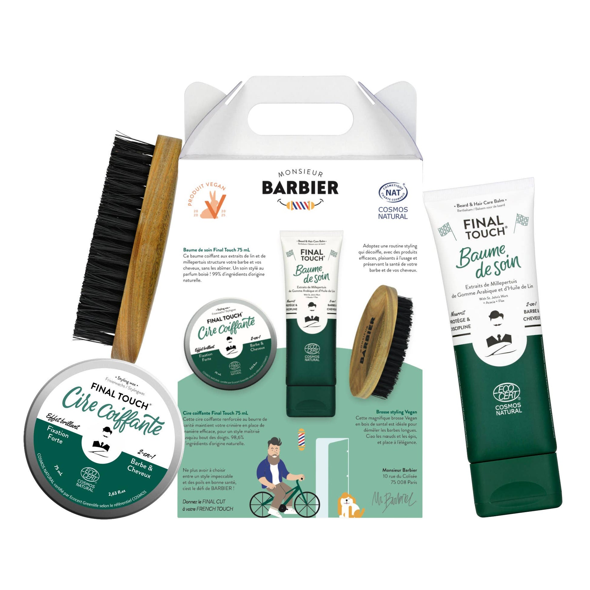 Rückseite der Perfect Style Geschenkbox von Monsieur Barbier mit Stylingbalsam Baume Final Touch, Stylingwachs Cire Final Touch und Stylingbürste – natürliche Haar- und Bartpflege, vegan und tierversuchsfrei
